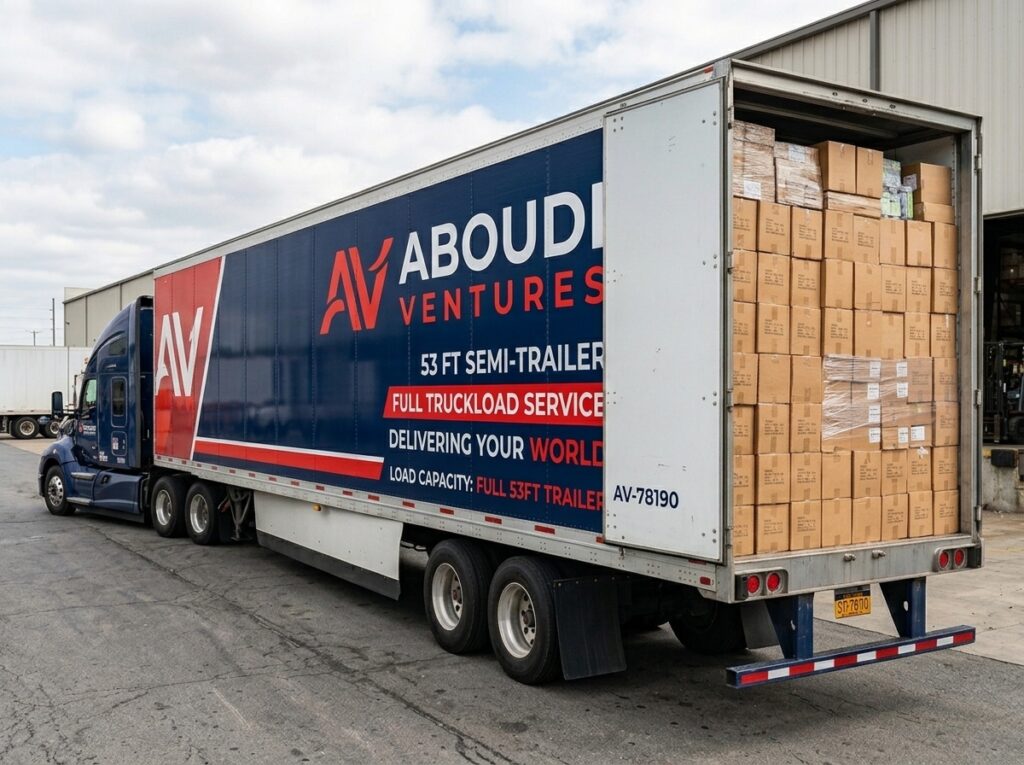Full truckload freight loaded on Aboudi Ventures trailer